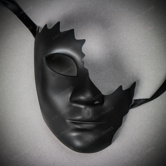 Unpainted Half Face Cracked Phantom Masquerade Mask - Black - Picture 2 of 10